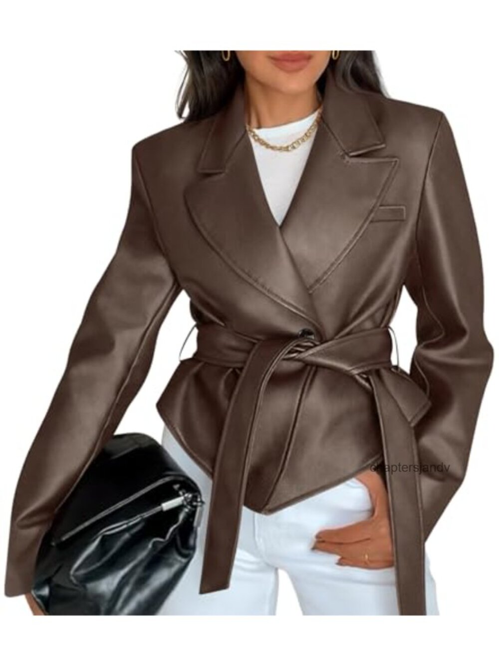 Faux Leather Belted Button Down Blazer Casual Moto Jacket Long Sleeve